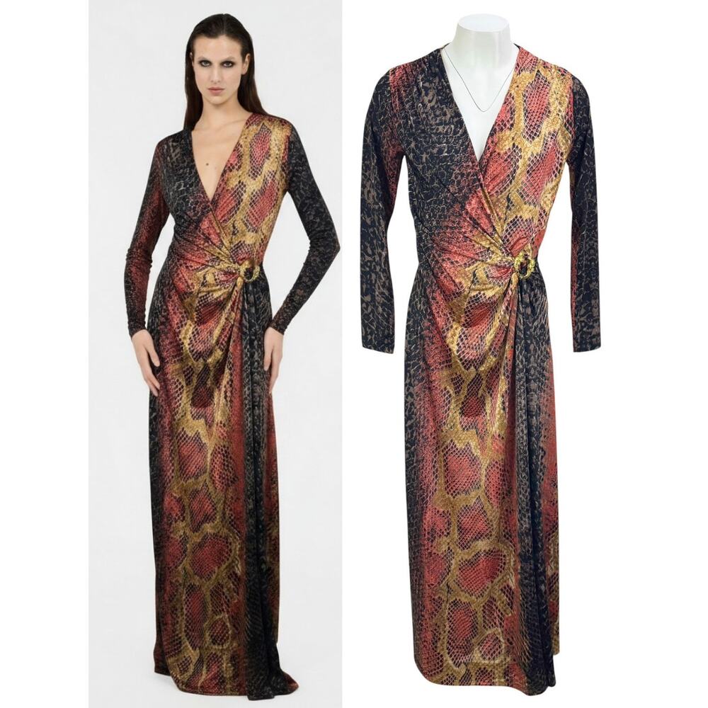 ROBERTO CAVALLI Snakeskin Long Sleeve Maxi Dress Size Small Made In Italy